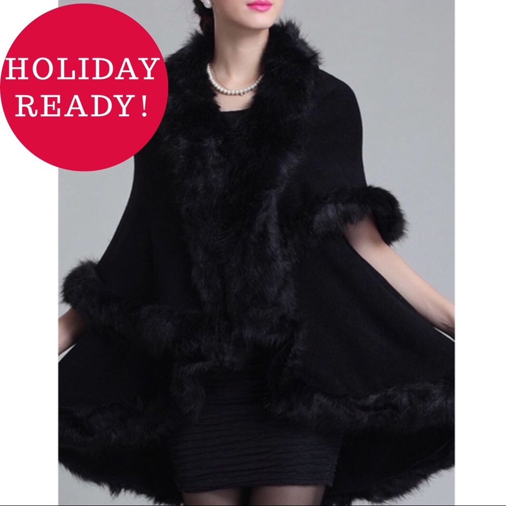 Luxurious Faux Fur Double Layer Black Cape Coat